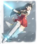  1girl anabuki_tomoko animal_ears black_hair blue_eyes fox_ears fox_tail glowing glowing_sword glowing_weapon japanese_clothes long_hair open_mouth snow snowing solo strike_witches striker_unit sword tail u_(mikaduki0720) weapon 
