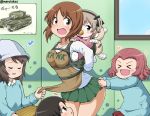  ! &gt;_&lt; 5girls apron brown_eyes brown_hair character_name churchill_(tank) closed_eyes drawing girls_und_panzer green_skirt hat kantele kindergarten_uniform looking_at_another looking_back looking_up mika_(girls_und_panzer) military military_vehicle miniskirt multiple_girls musical_note nishi_kinuyo nishizumi_miho open_mouth pacifier piggyback pleated_skirt redhead rosehip sanaemaru shimada_arisu short_hair side_ponytail sitting skirt smile standing stuffed_animal stuffed_toy tank teddy_bear translated twitter_username vehicle white_blouse younger 