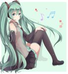  1girl aqua_eyes aqua_hair black_legwear blush detached_sleeves hand_on_own_knee hatsune_miku headset huuyu_1z long_hair looking_at_viewer musical_note necktie open_mouth shoes simple_background skirt solo thigh-highs twintails very_long_hair vocaloid 