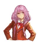  1girl absurdres blush guilty_crown hair_ornament hairclip hand_on_hip highres long_hair looking_away pauld pink_hair red_eyes school_uniform simple_background solo twintails upper_body white_background yuzuriha_inori 