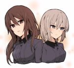  2girls :o blush breasts brown_eyes brown_hair girls_und_panzer grey_eyes grey_hair highres itsumi_erika long_hair merry_(168cm) multiple_girls nishizumi_maho open_mouth serious simple_background 