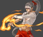  1boy abs absurdly_long_hair bangs fire fujiwara_no_mokou genderswap grey_background grin high_ponytail highres long_hair male ponytail red_eyes shirt silver_hair simple_background smile smirk solo torn_clothes torn_sleeve touhou very_long_hair white_shirt yostel 