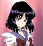  1girl bishoujo_senshi_sailor_moon black_hair bow brooch brown_bow choker close-up earrings hino_ryutaro jewelry looking_at_viewer magical_girl pink_background sailor_collar sailor_saturn short_hair smile solo tiara tomoe_hotaru upper_body violet_eyes 