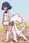  1girl blue_eyes blue_hair blush boots dark_skin furfrou knee_boots looking_at_viewer outdoors pinku pokemon pokemon_(creature) red_eyes short_hair sina_(pokemon) smile walking 