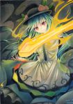  1girl artist_name bangs blue_hair closed_mouth dated dress food frilled_dress frills fruit hat hinanawi_tenshi long_hair looking_at_viewer mosho peach red_eyes solo sword sword_of_hisou touhou traditional_media weapon 