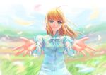  ahoge alternate_hairstyle blonde_hair crying fate/stay_night fate_(series) fateline_alpha grass green_eyes outstretched_arms petals saber wind 