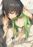  ... 1boy 1girl :o black_hair black_shirt blush c.c. closed_eyes code_geass collarbone creayus eyebrows eyebrows_visible_through_hair green_hair hand_on_another&#039;s_head lelouch_lamperouge light_smile long_hair long_sleeves parted_lips shirt sketch sleeping small_breasts speech_bubble spoken_ellipsis upper_body very_long_hair violet_eyes white_shirt 