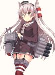  1girl 501092-taka amatsukaze_(kantai_collection) breasts brown_dress brown_eyes buttons choker dress garter_straps hair_tubes kantai_collection lifebuoy long_hair long_sleeves looking_at_viewer machinery o_o red_legwear rensouhou-kun sailor_collar sailor_dress short_dress silver_hair simple_background small_breasts solid_circle_eyes striped striped_legwear thigh-highs torpedo turret two_side_up white_background windsock 