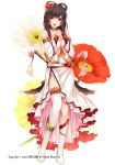  1girl :d bare_shoulders black_hair boots dress flower flower_knight_girl full_body hair_flower hair_ornament hands_together knee_boots looking_at_viewer moneti_(daifuku) object_namesake official_art open_mouth poppy_(flower) poppy_(flower_knight_girl) red_eyes short_hair smile solo standing strapless strapless_dress sword thighlet weapon white_boots white_dress 