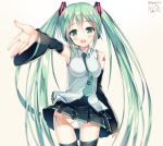  1girl 2016 blush cowboy_shot dated detached_sleeves green_eyes green_hair hanahanaken hatsune_miku head_tilt highres long_hair necktie open_mouth outstretched_arm panties pantyshot side-tie_panties skirt solo thigh-highs thigh_gap twintails twitter_username underwear very_long_hair vocaloid 