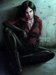  1girl ada_wong air_tone arm_rest black_boots black_gloves black_hair boots breasts brown_eyes bullet_hole character_name cleavage collarbone copyright_name cracked_wall cross gloves highres jewelry pendant pouch resident_evil short_hair sitting solo 