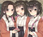  3girls brown_eyes brown_hair double_bun hishimochi japanese_clothes jintsuu_(kantai_collection) kantai_collection long_hair multiple_girls naka_(kantai_collection) one_eye_closed robe sendai_(kantai_collection) smile two_side_up yuzuttan 