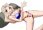  1girl aegis_(nerocc) american_flag bikini blonde_hair blue_eyes girls_und_panzer highleg highleg_bikini highleg_swimsuit kay_(girls_und_panzer) long_hair lying pillow swimsuit 