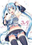  1girl blue_eyes blue_hair breasts detached_sleeves hatsune_miku headset highres long_hair microphone necktie panties pantyshot sakuragi_ren solo twintails underwear vocaloid 