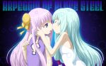  2girls aoki_hagane_no_arpeggio bun_cover closed_eyes green_eyes green_hair highres i-400_(aoki_hagane_no_arpeggio) i-402_(aoki_hagane_no_arpeggio) incoming_kiss kamo_3 long_hair multiple_girls purple_hair siblings sisters twins yuri 