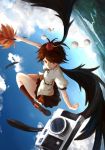  1girl black_hair black_skirt black_wings closed_mouth clouds cloudy_sky fan feathers flying full_body hat highres homo_1121 leaf looking_at_viewer pleated_skirt pom_pom_(clothes) puffy_short_sleeves puffy_sleeves red_eyes shameimaru_aya shoe_soles shoes short_hair short_sleeves skirt sky solo tokin_hat touhou upside-down wings 