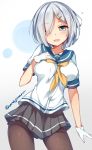  1girl blue_eyes gloves hair_ornament hair_over_one_eye hairclip hamakaze_(kantai_collection) kantai_collection open_mouth school_uniform serafuku short_hair silver_hair smile unacchi_(nyusankin) 