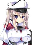  1girl blonde_hair blue_eyes breast_grab breasts capelet cross grabbing graf_zeppelin_(kantai_collection) hair_between_eyes hat impossible_clothes jacket kantai_collection large_breasts long_hair necktie peaked_cap ryokushiki_(midori-ya) solo twintails uniform 