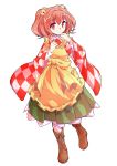  1girl alphes_(style) apron bell boots checkered cross-laced_footwear dairi hair_bell hair_ornament japanese_clothes lace-up_boots motoori_kosuzu parody red_eyes redhead smile style_parody touhou transparent_background two_side_up wide_sleeves 