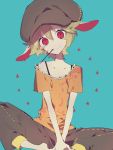  1girl animal_ears barefoot blonde_hair blue_background flat_cap hat head_tilt higa423 highres looking_at_viewer mouth_hold off_shoulder pants rabbit_ears red_eyes ringo_(touhou) shirt short_hair short_sleeves simple_background sitting smile solo star touhou 