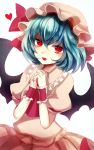  1girl :d ascot bat_wings blue_hair blush dress fangs frills hands_clasped hat hat_ribbon heart highres looking_at_viewer maho_moco mob_cap nail_polish open_mouth pink_dress puffy_short_sleeves puffy_sleeves red_eyes red_nails red_ribbon remilia_scarlet ribbon short_hair short_sleeves skirt skirt_set smile solo touhou upper_body vampire white_background wings wrist_cuffs 