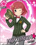  anzai_miyako blue_eyes blush character_name coat hat idolmaster idolmaster_cinderella_girls redhead ribbon short_hair smile stars wink 