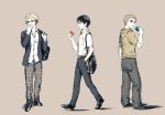  3boys ajin_(sakurai_gamon) back bag bangs belt between_fingers black_hair black_shoes blazer blonde_hair brown_hair changye cigarette closed_mouth collared_shirt covered_mouth dress_shirt full_body hand_in_pocket highres holding hood hood_down hoodie kaito_(ajin) legs_apart light_frown long_sleeves looking_away looking_back male_focus multicolored_hair multiple_boys nagai_kei nakano_ko open_blazer open_clothes pants plaid plaid_pants profile school_uniform shadow shirt shoes shoulder_bag simple_background smoking standing two-tone_hair white_shirt 