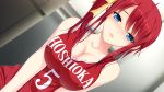  1girl blue_eyes blush breasts jersey large_breasts redhead side_ponytail solo 