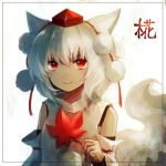  1girl animal_ears autumn_leaves bare_shoulders detached_sleeves hat inubashiri_momiji leaf looking_at_viewer maho_moco maple_leaf pom_pom_(clothes) red_eyes short_hair smile solo tail tokin_hat touhou upper_body white_hair wolf_ears wolf_tail 