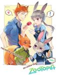  ! 2boys 2girls absurdres animal_ears carrot copyright_name dual_persona ekira_nieto english fox_ears fox_tail furry green_eyes grey_hair heart highres judy_hopps long_hair multiple_boys multiple_girls necktie nick_wilde orange_hair personification polka_dot polka_dot_background rabbit_ears short_hair speech_bubble tail twintails twitter_username violet_eyes yellow_background zootopia 