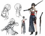  1girl aiming asymmetrical_clothes bayonet black_hair character_sheet choker elbow_gloves fingerless_gloves from_above from_behind gloves gun high_heels highres infukun japanese_clothes musket obi profile sash short_hair shoulder_blades simple_background sketch traditional_clothes weapon white_background 
