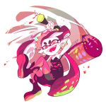 +_+ 1girl aori_(splatoon) earrings fangs floating jewelry looking_at_viewer official_art paint_roller simple_background smile solo splatoon unitard white_background 