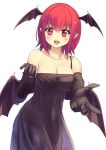  1girl alternate_costume bat_wings black_dress black_gloves blush breasts cleavage collarbone culter dress elbow_gloves gloves head_wings koakuma navel off_shoulder open_mouth panties pointy_ears red_eyes redhead see-through short_hair simple_background sleeveless slit_pupils smile solo touhou underwear white_background wings 