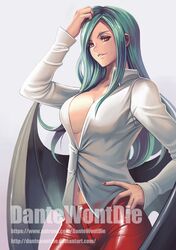  1girl artist_name bat_wings buttons casual collarbone collared_shirt contrapposto cowboy_shot dantewontdie dress_shirt green_hair grin hand_in_hair hand_on_hip long_hair long_sleeves low_wings morrigan_aensland nail_polish navel no_bra pants parted_lips pink_eyes red_nails red_pants shirt sidelocks smile solo standing teeth tsurime vampire_(game) very_long_hair watermark web_address wings 