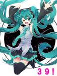  1girl 39 aqua_eyes aqua_hair arms_up boots detached_sleeves full_body hatsune_miku highres long_hair necktie one_eye_closed open_mouth skirt solo thigh-highs thigh_boots twintails very_long_hair vocaloid 