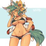  1girl :d animal_ears bikini_top bow breasts brown_hair dated fang gradient_hair green_eyes green_hair hair_bow hand_on_hip kuromiya kuromiya_raika large_breasts long_hair looking_at_viewer multicolored_hair navel o-ring_top open_mouth original short_shorts shorts smile solo tail 