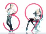  1boy 1girl detached_sleeves dress_shirt hand_on_headphones hatsune_miku hatsune_mikuo headphones long_hair necktie pale_skin pants rella shirt short_hair sitting smile thigh-highs twintails very_long_hair vocaloid white_background zettai_ryouiki 
