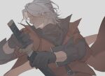  1boy belt black_gloves blue_eyes coat dante_(devil_may_cry) devil_may_cry_(series) devil_may_cry_1 ens104 gloves holding holding_weapon long_hair male_focus rebellion_(sword) red_coat simple_background solo sword weapon white_hair 