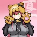  1girl bear_hood blush breasts eyebrows fat gloves green_eyes highres jacket large_breasts long_hair looking_at_viewer necktie paw_gloves paw_pose pink_hair plump scarf serious shinken!! solo thick_eyebrows toushirou_atsumi very_long_hair 