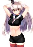  &gt;:) 1girl alternate_hairstyle amatsukaze_(kantai_collection) arms_up black_hat black_serafuku blush cowboy_shot crop_top eyebrows eyebrows_visible_through_hair hair_between_eyes hands_in_hair hat kantai_collection latex looking_at_viewer midriff mini_hat navel neckerchief sailor_collar school_uniform serafuku silver_hair simple_background skin_tight smile smoke solo standing stomach striped striped_legwear thigh-highs white_background yellow_eyes zettai_ryouiki 