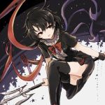  1girl asymmetrical_wings bangs black_dress black_hair black_legwear dress floating hisona_(suaritesumi) houjuu_nue looking_to_the_side open_mouth polearm red_eyes red_ribbon ribbon short_sleeves sketch solo thigh-highs touhou trident weapon wings wrist_cuffs 