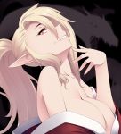 1girl bare_shoulders blonde_hair breasts byunei demon_girl hayashi_custom large_breasts long_hair looking_at_viewer lord_of_vermilion off_shoulder pointy_ears ponytail red_eyes romancing_saga_3 saga solo upper_body