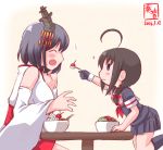  2girls :3 ahoge bare_shoulders black_gloves black_hair black_serafuku blue_eyes blush bowl braid brown_hair closed_eyes commentary_request dated detached_sleeves food giving gloves hair_ornament hair_over_shoulder hair_ribbon highres ice_cream japanese_clothes kanon_(kurogane_knights) kantai_collection leg_up long_hair long_sleeves multiple_girls nontraditional_miko open_mouth pleated_skirt red_ribbon ribbon school_uniform serafuku shigure_(kantai_collection) short_hair short_sleeves single_braid single_glove sitting skirt sparkle spoon standing standing_on_one_leg table wide_sleeves yamashiro_(kantai_collection) younger 