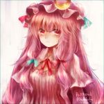  1girl blue_bow blue_ribbon blush bow character_name crescent_hair_ornament dress hair_bow hair_ornament hat hat_ribbon long_hair looking_at_viewer maho_moco mob_cap patchouli_knowledge pink_eyes pink_hair red_bow ribbon solo striped striped_dress touhou upper_body very_long_hair 