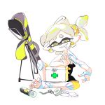  +_+ 1girl bandages first_aid_kit hotaru_(splatoon) indian_style looking_down mouth_hold official_art ponytail sitting solo splatoon white_hair 
