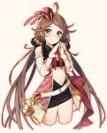  1girl ahoge bare_shoulders belt blush breasts brown_hair detached_sleeves gloves granblue_fantasy green_eyes hair_ornament hands_together harie_(granblue_fantasy) hat highres long_hair looking_at_viewer low_twintails mini_hat navel smile solo tofu1601 twintails white_gloves 