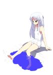  1girl angel_beats! barefoot brown_eyes kaname_nagi kicking long_hair pool poolside school_swimsuit silver_hair sitting solo splashing swimsuit tachibana_kanade water white_school_swimsuit white_swimsuit 