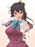  1girl black_hair blush breasts commentary_request cup dress drinking_glass fang grey_eyes kantai_collection large_breasts long_hair long_sleeves looking_at_viewer milk multicolored_hair naganami_(kantai_collection) open_mouth shirt solo upper_body yoshi_tama 