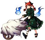  1girl animal_ears baba_(baba_seimaijo) braid cat_ears cat_tail highres kaenbyou_rin multiple_tails redhead skull solo tail touhou transparent_background twin_braids wheelbarrow 