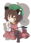  1girl animal_ears black_legwear brown_hair cat_ears cat_tail chen grin hat inunoko. multiple_tails orange_eyes smile tail teeth touhou zun_hat 